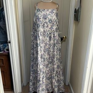 Floral Sun Dress Cream,Lavender & Light Blue Cotton Maxi Dress Tiers NWOT sz20